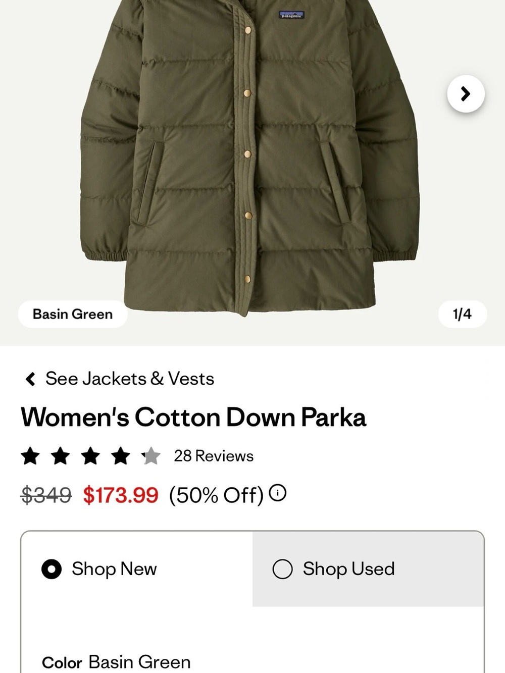 Patagonia Basin Green Puff Jacket - Quilted Down Parka